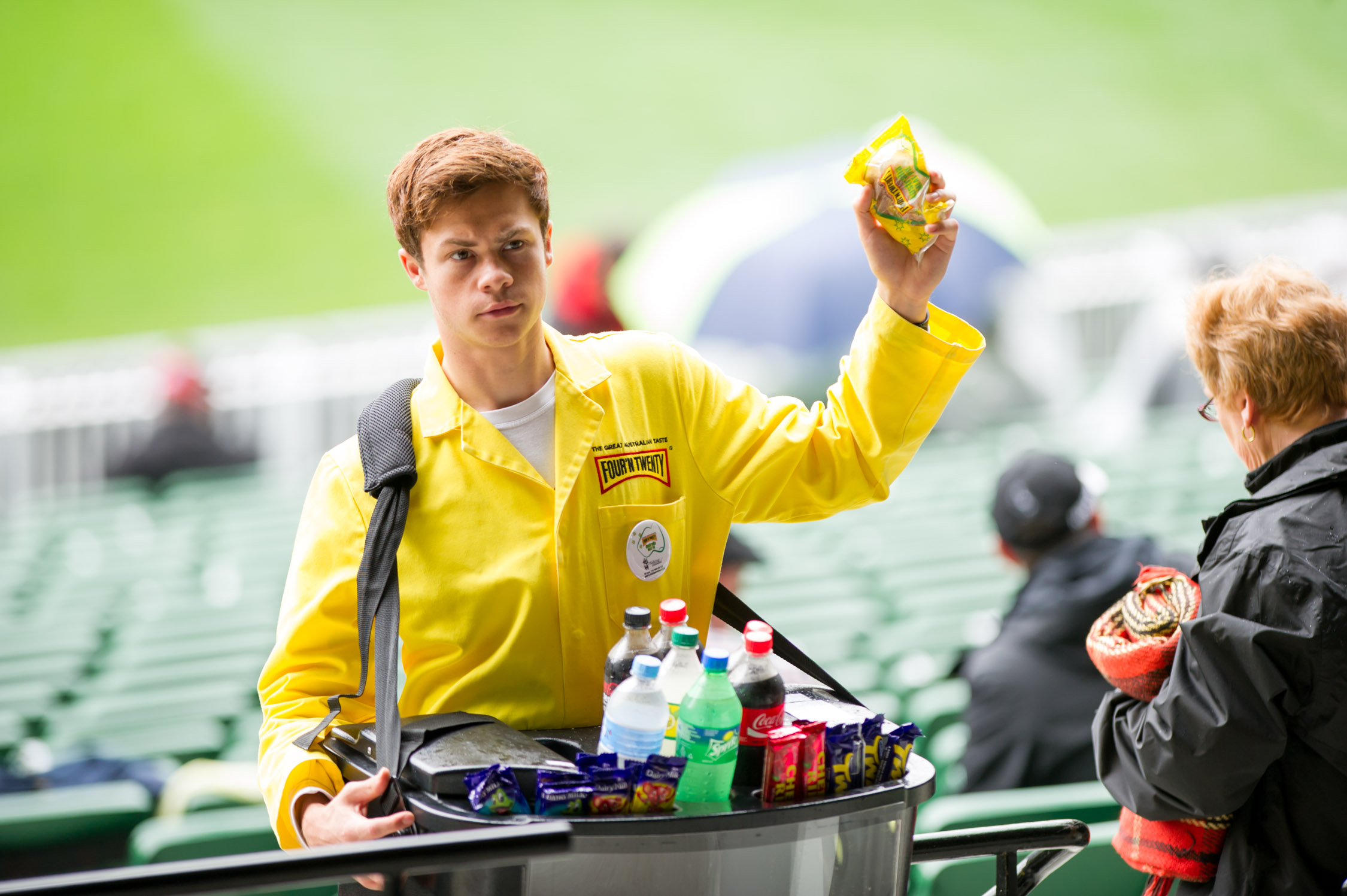 A pie seller at the MCG on Anzac Day.
