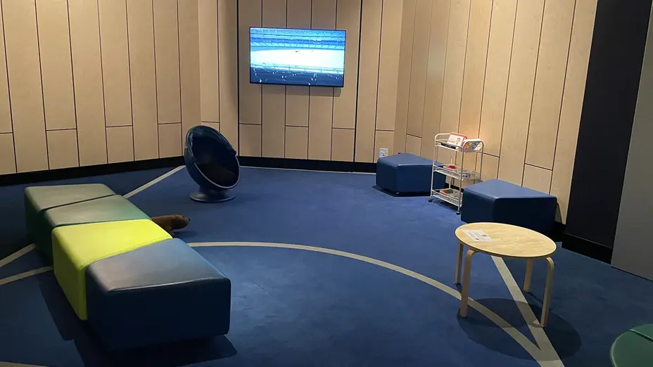 Inside sensory space with various soft seating options and TV set to MCG match.