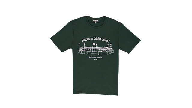Heritage green T-shirt with white sketch of Melbourne Cricket Ground