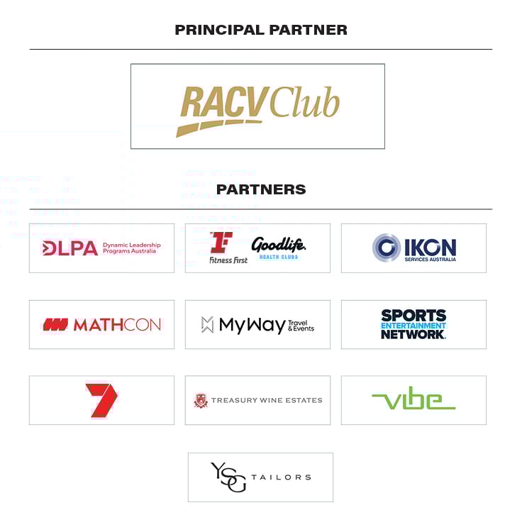 Principal Partner is RACV Club. Logos of other partners Dynamic Leadership Programs Australia, Fitness First and Goodlife, IKON Services, MathCon, MyWay Travel & Events, Sports Entertainment Network, Seven, Treasury Wine Estates, Vibe, and YSG Tailors.