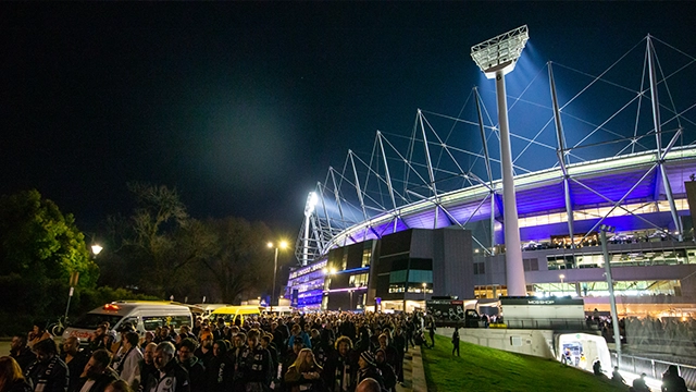 A view of the outside of the MCG lit up on a match night A view of the outside of the MCG lit up on a match night