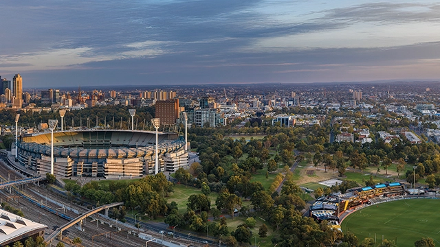 An aerial photo of the MCG, Yarra Park and Punt Road Oval