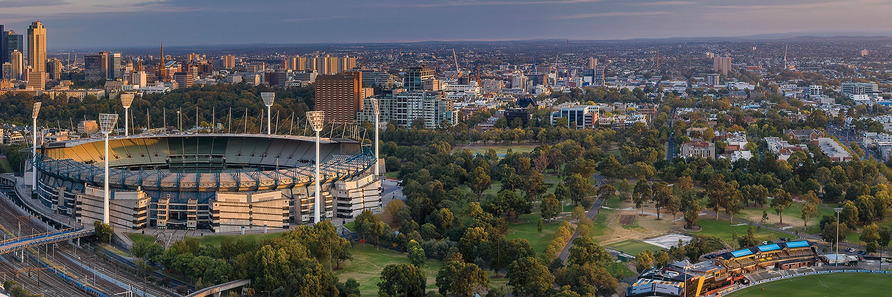 An aerial photo of the MCG, Yarra Park and Punt Road Oval