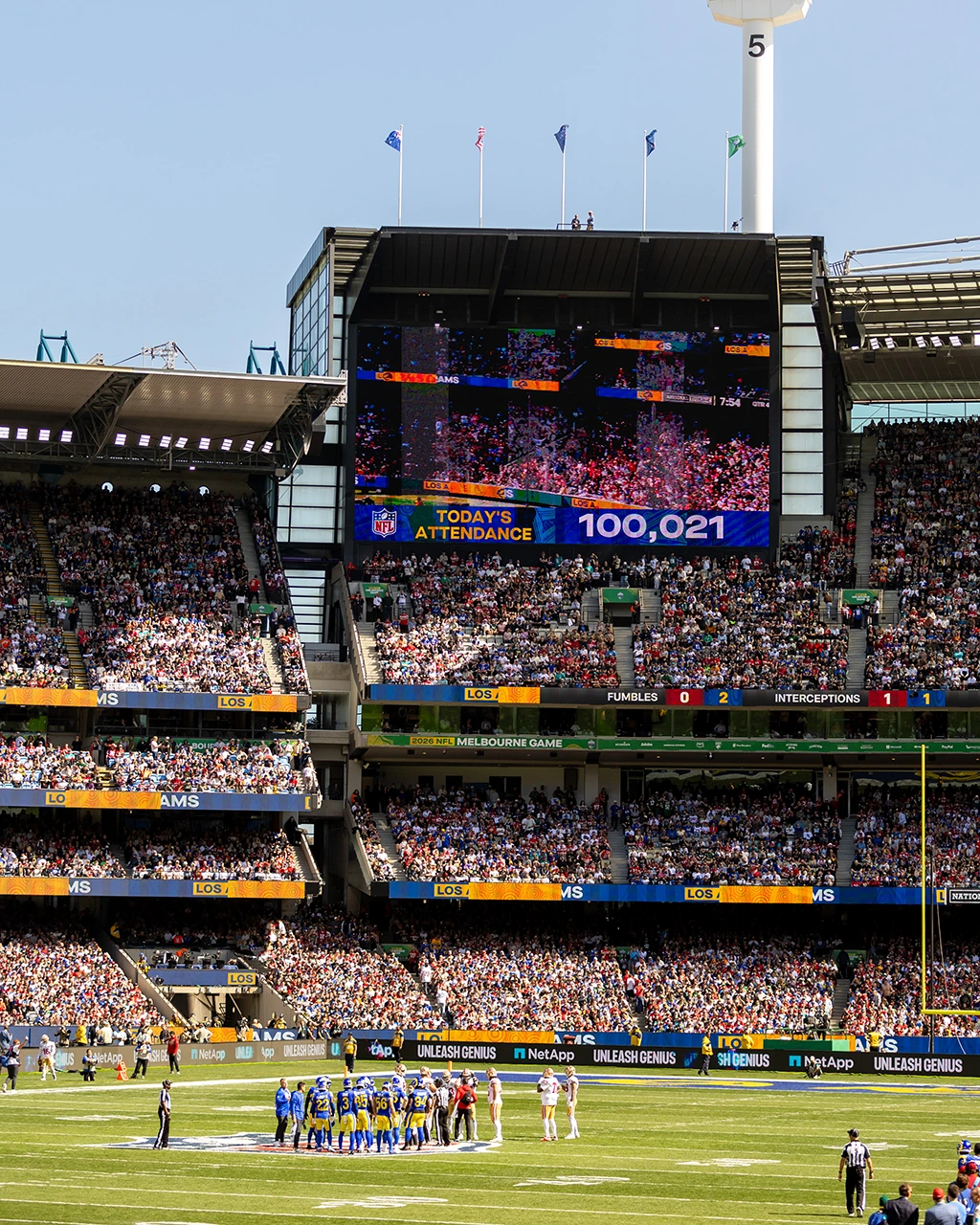 Today's NFL Attendance 100,021 shown on the big screen during at the MCG