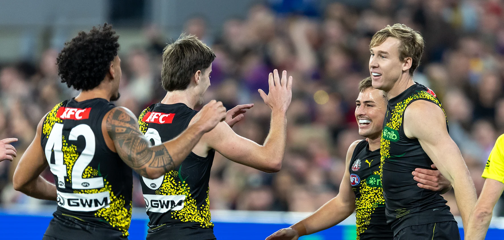 Richmond AFL players celebrate during match