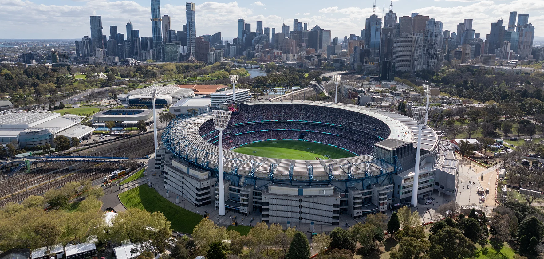 Aerial view of MCG and city skyline on Grand Final Day